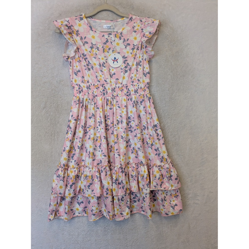 NEW Arshiner Tiered Ruffle Dress Kid's 14 Pink Floral Flutter Sleeve Smocked